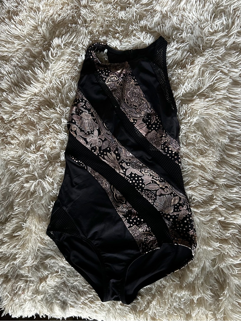 Carmen Marc Valvo Black One-Piece Swimsuit with Paisley Pink Accents